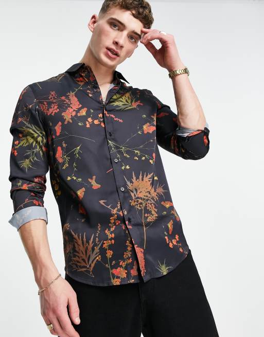 Black Floral Top - Long Sleeve Button-Up Top - Satin Floral Top