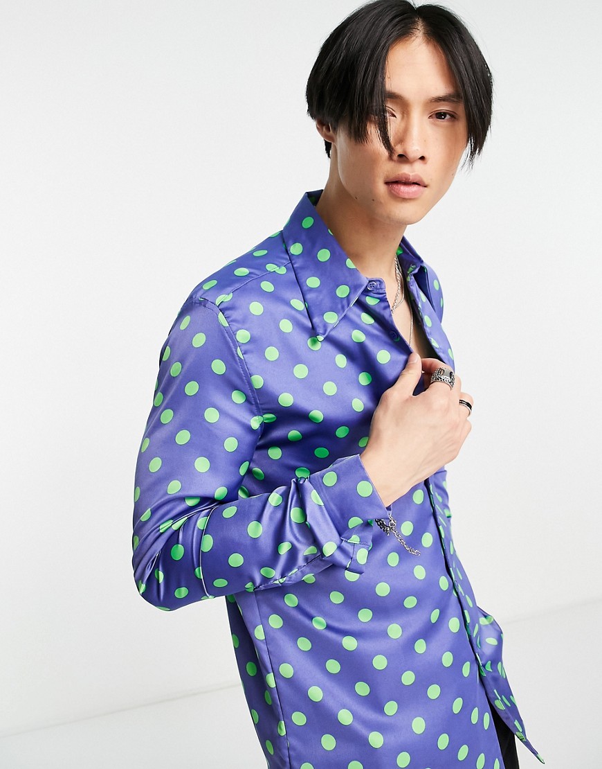 ASOS DESIGN satin shirt in bright polka dot with blouson sleeve-Blue