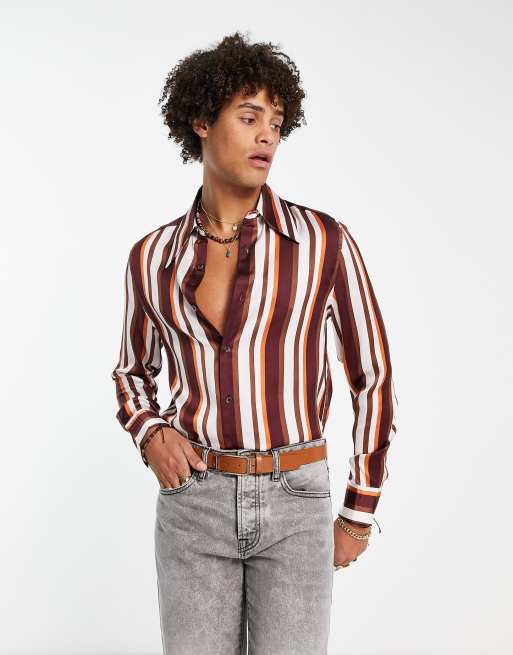 ASOS DESIGN satin shirt in brown stripe with 70s collar