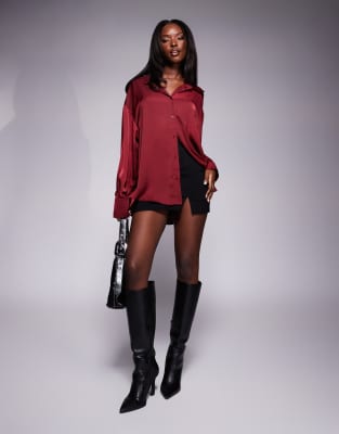 asos design satin shirt in burgundy