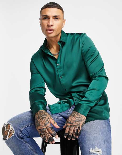 Dark green best sale silk shirt mens