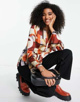 ASOS DESIGN satin shirt in geo print