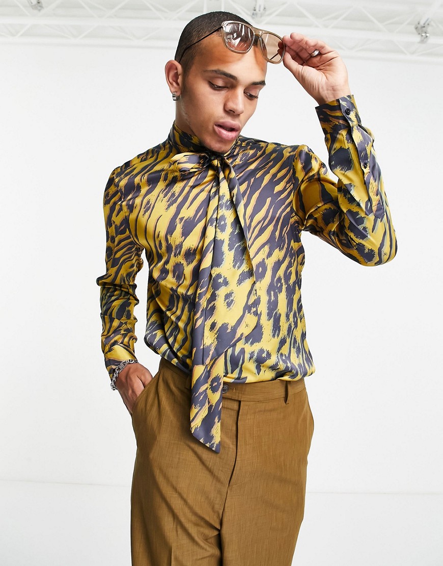 ASOS DESIGN satin shirt in leopard print with pussybow tie neck-Brown