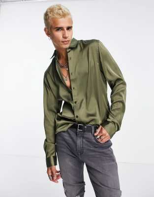 ASOS DESIGN satin shirt in olive