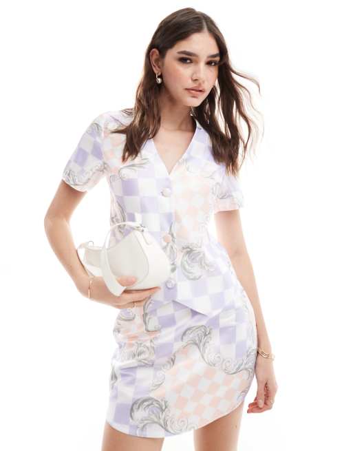 ASOS DESIGN satin shirt in purple grid print (part of a set)