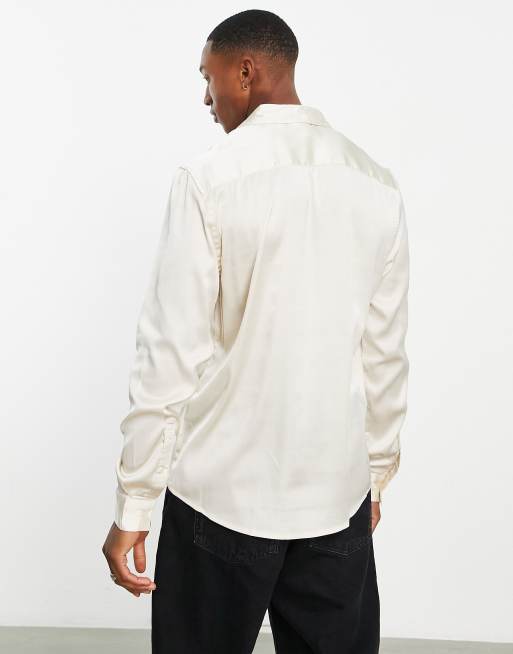 ASOS DESIGN satin shirt in stone