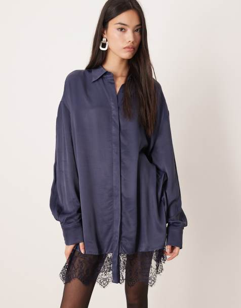 ASOS DESIGN satin shirt mini dress with high low curved hem in deep navy - view 1