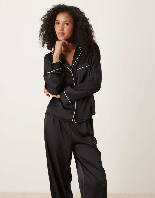 ASOS DESIGN satin shirt & trouser pyjama set in black