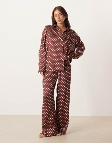 ASOS DESIGN satin shirt & pants pajama set in brown polka dots - view 1