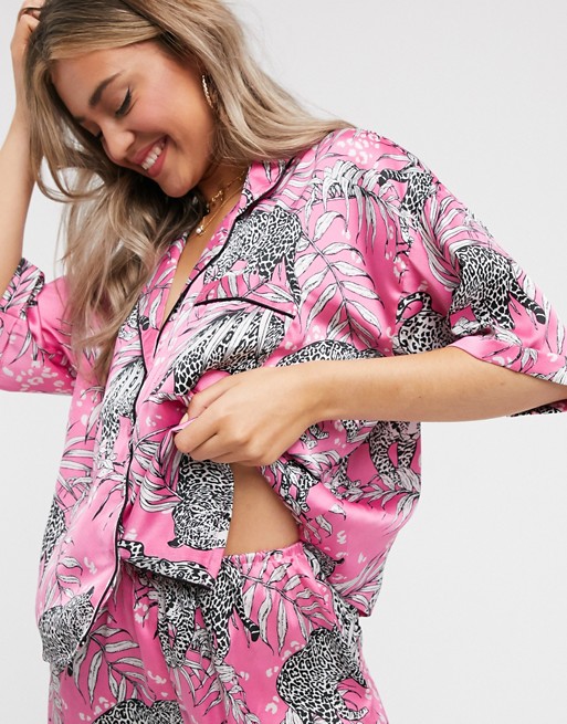 ASOS DESIGN satin shirt & short pyjama set in palm leopard print
