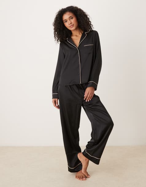 ASOS DESIGN satin shirt & trouser pyjama set in black - view 1