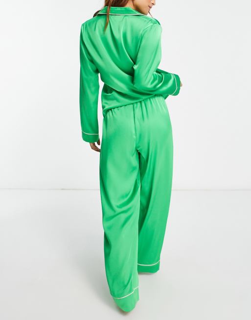 ASOS DESIGN satin shirt & trouser pyjama set with contrast piping in  emerald green