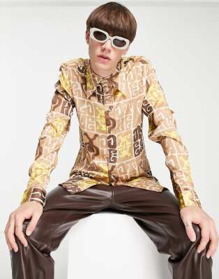 ASOS DESIGN satin shirt with 70s collar and print