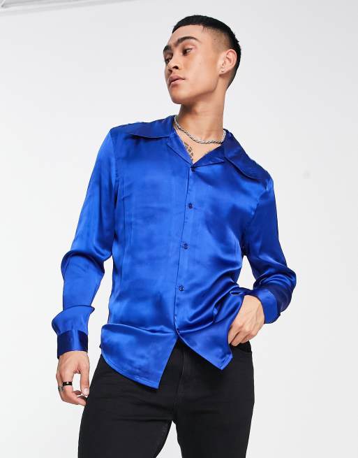 Blue satin shirt on sale mens