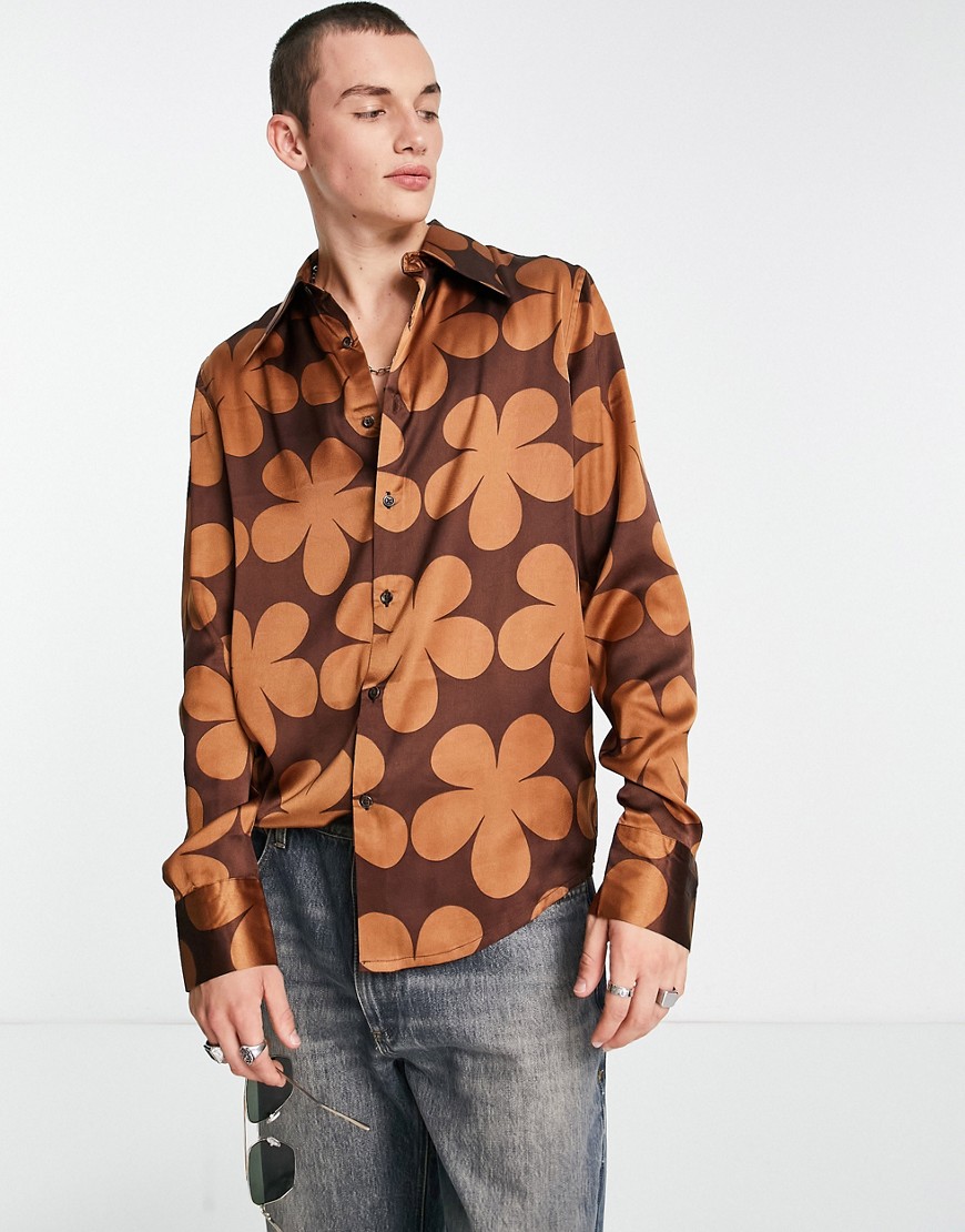 ASOS DESIGN satin shirt with 70s collar in brown large floral print
