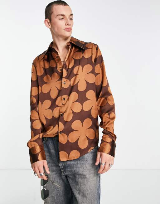 ASOS DESIGN satin shirt with 70s collar in brown large floral