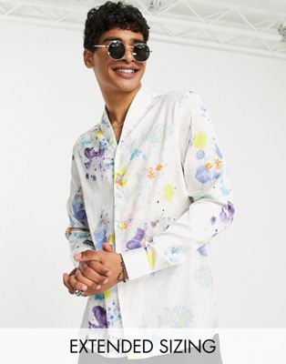 ASOS DESIGN satin shirt with abstract print and pearl buttons - WHITE