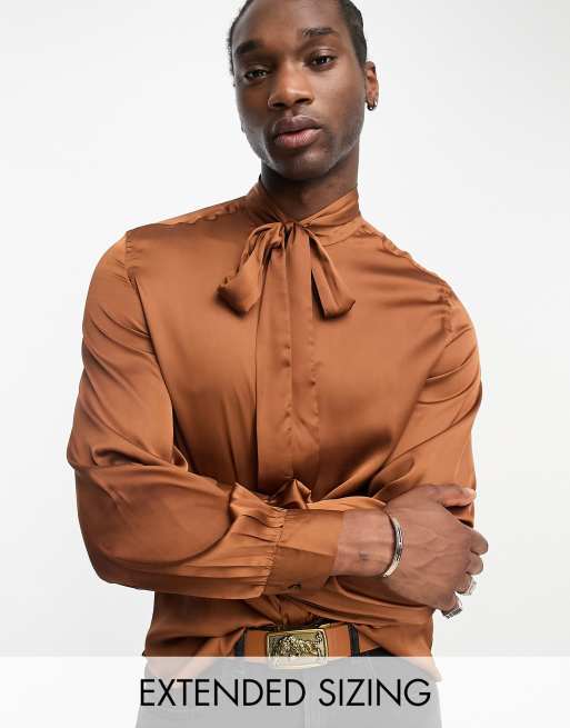 ASOS DESIGN satin shirt with blouson sleeve and pussybow tie neck