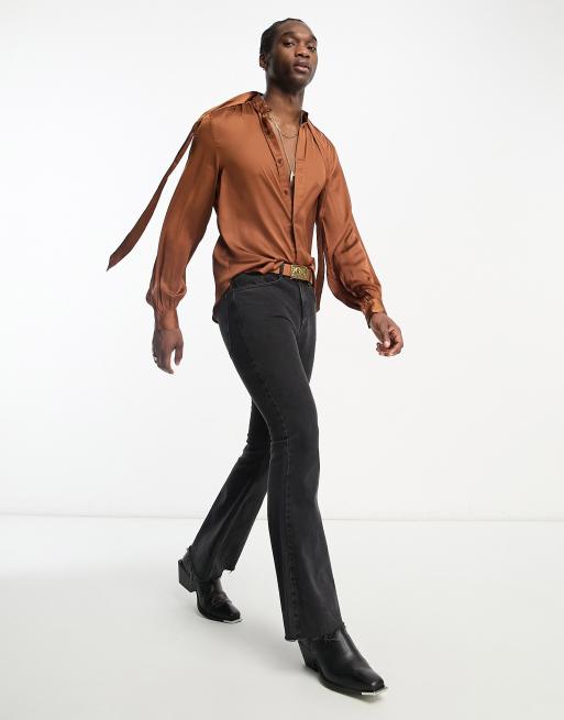 ASOS DESIGN satin shirt with blouson sleeve and pussybow tie neck in brown