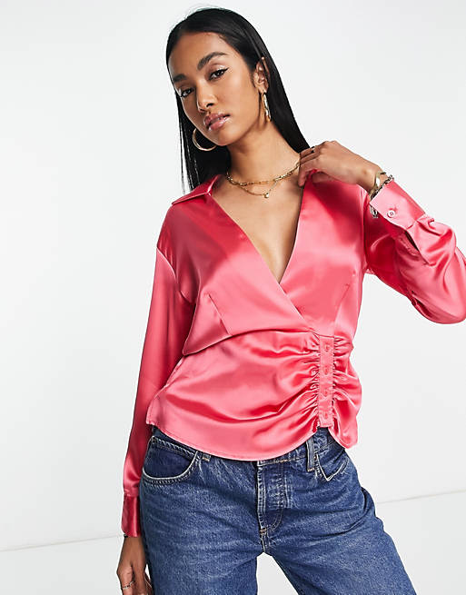 ASOS DESIGN satin shirt with button side and ruching in bright pink | ASOS