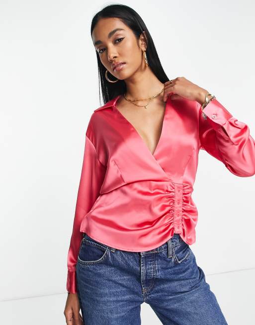 skylle cement mudder ASOS DESIGN satin shirt with button side and ruching in bright pink | ASOS