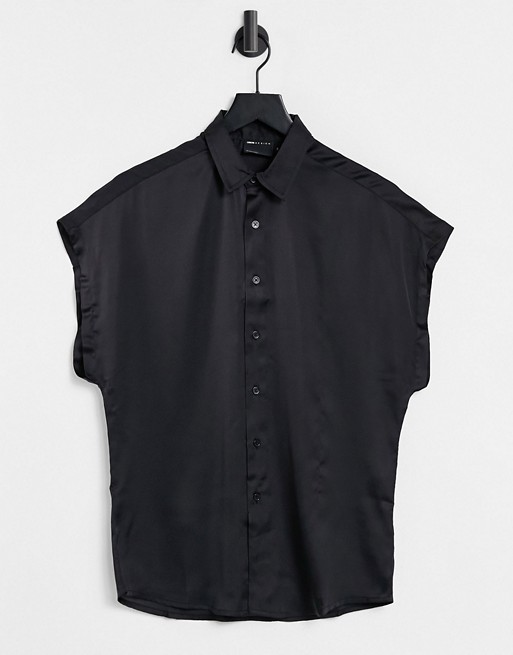 ASOS DESIGN satin shirt with cap sleeve in black