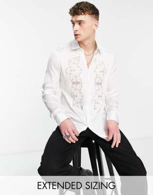 ASOS DESIGN satin shirt with cut out lace embroidery panels in white