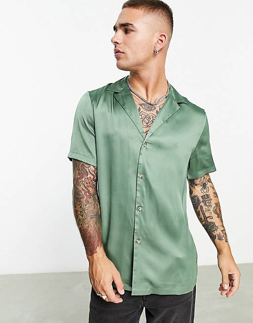 ASOS DESIGN satin shirt with deep camp collar in sage green | ASOS