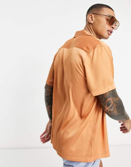 ASOS DESIGN satin shirt with deep revere collar in copper