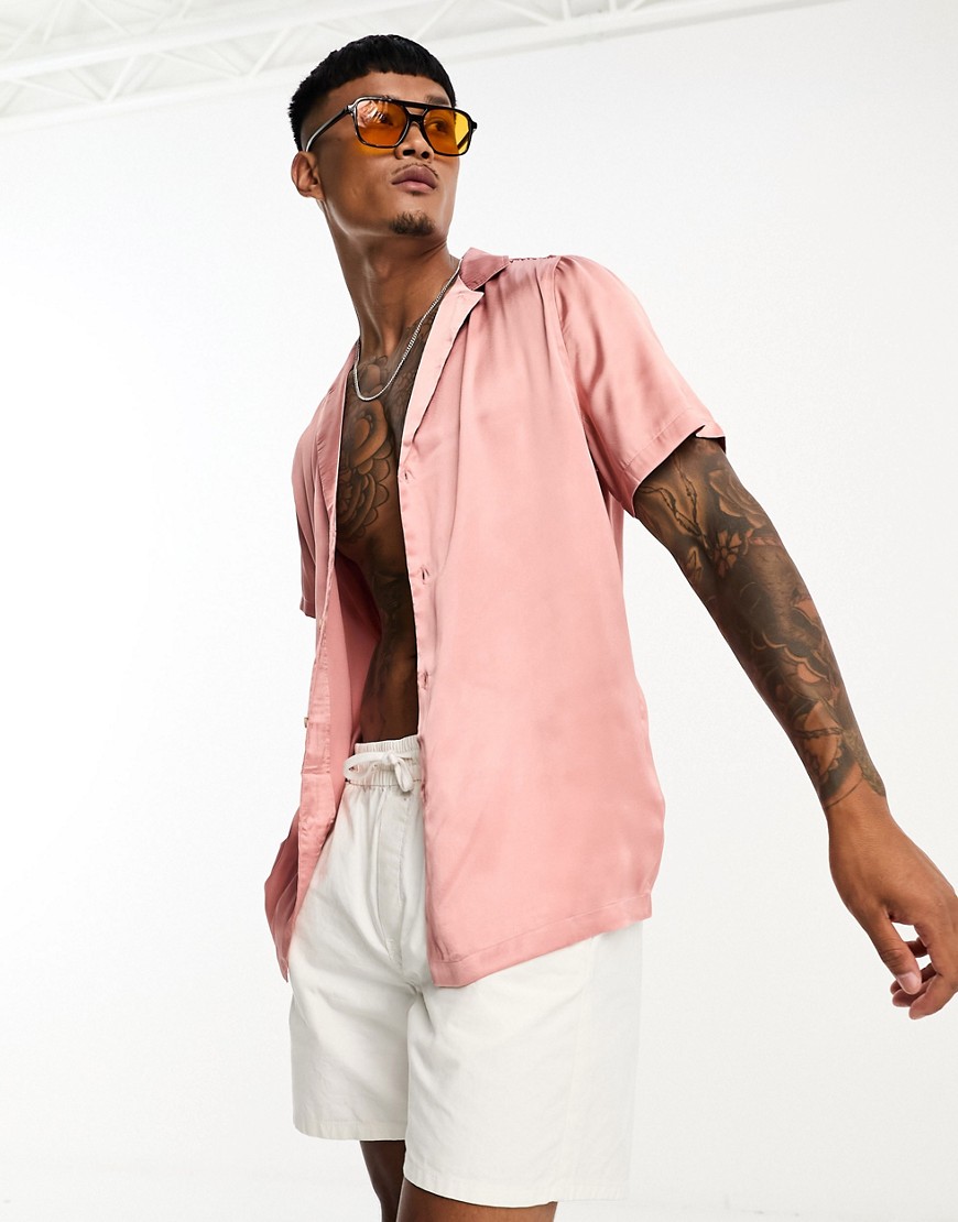 Asos Design Satin Shirt With Deep Revere Collar In Dusty Pink