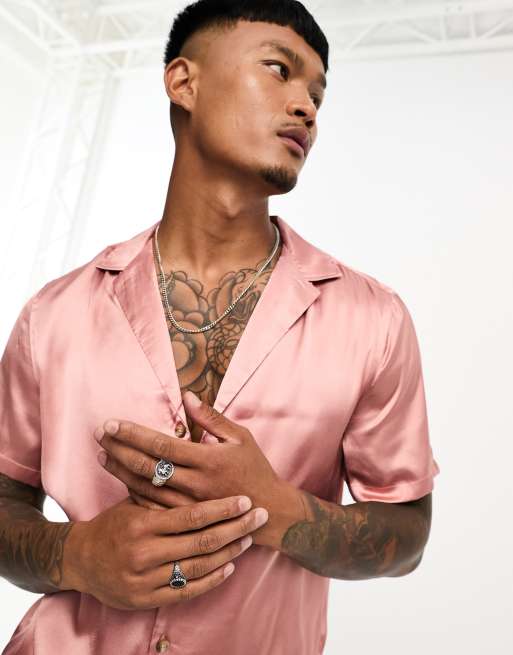 ASOS DESIGN satin shirt with deep revere in dusty pink, 3 of 4