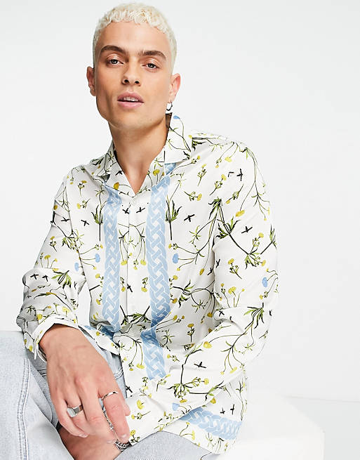 Men satin shirt with floral border print in white 