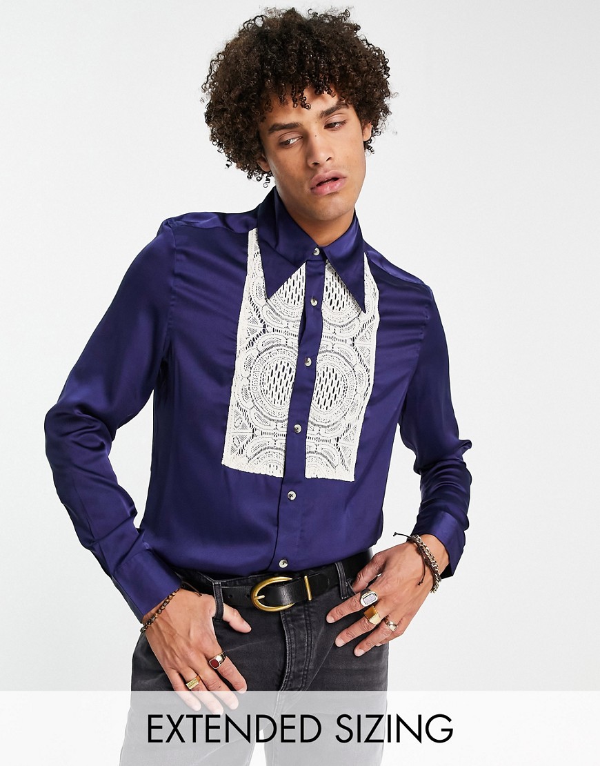 ASOS DESIGN satin shirt with lace bib and 70s collar in navy
