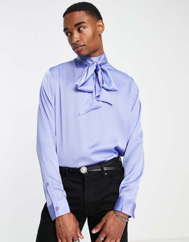 ASOS DESIGN satin shirt with pussybow tie neck in cornflower blue