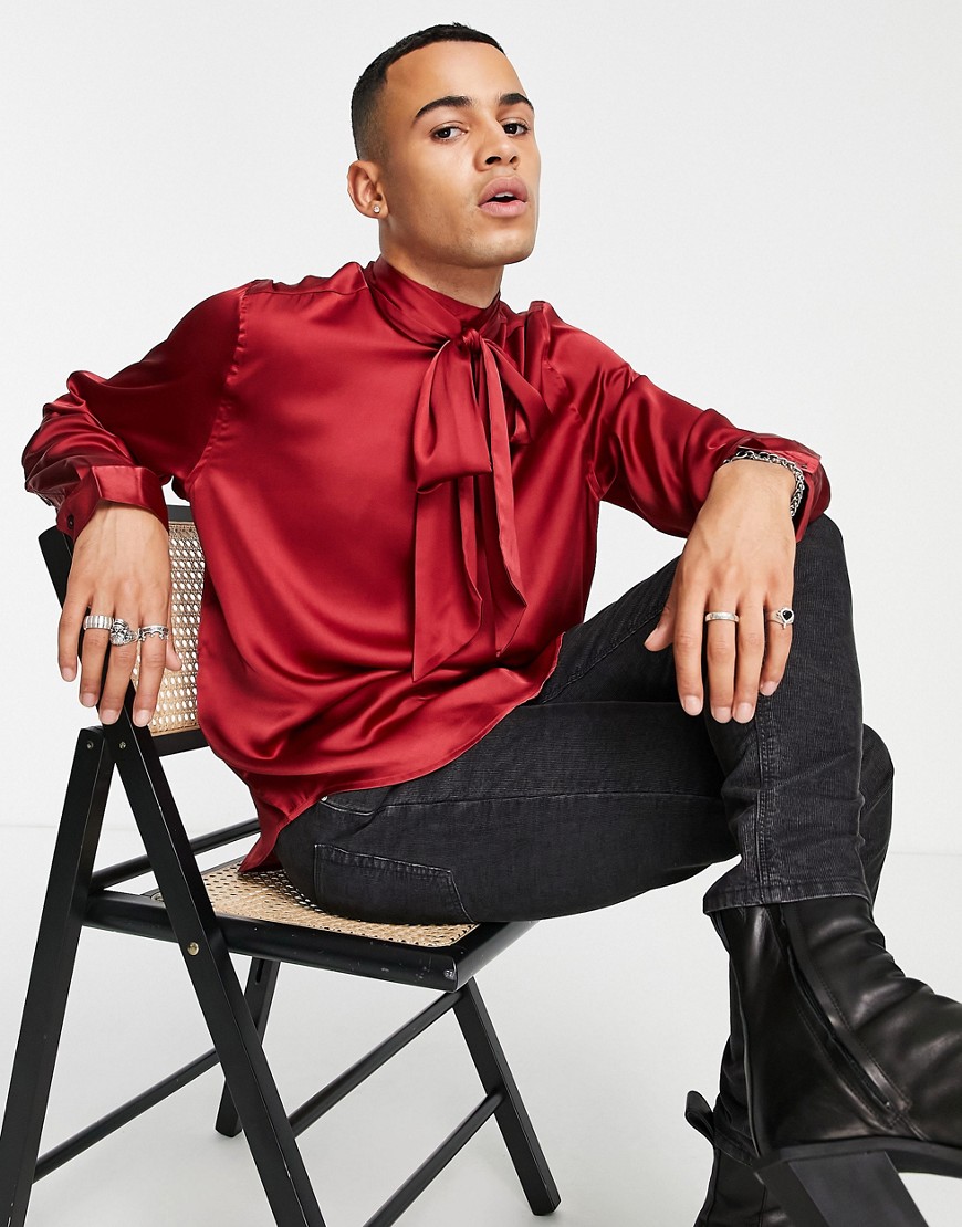 ASOS DESIGN satin shirt with pussybow tie neck in deep red