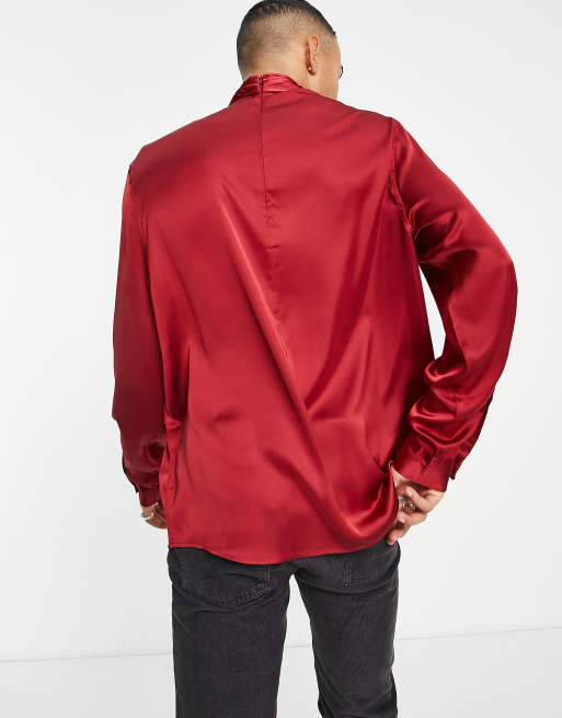 ASOS DESIGN satin shirt with pussybow tie neck in deep red | ASOS