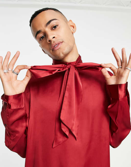 ASOS DESIGN satin shirt with pussybow tie neck in deep red | ASOS