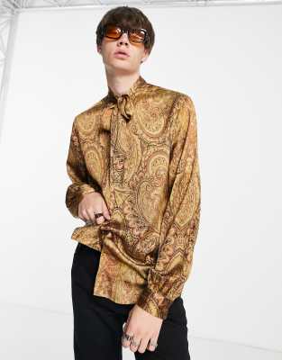 ASOS DESIGN SATIN SHIRT WITH PUSSYBOW TIE NECK IN PAISLEY PRINT-BROWN,LS FLEMMING P