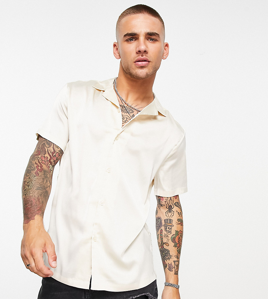 ASOS DESIGN satin shirt with revere collar in champagne-Neutral