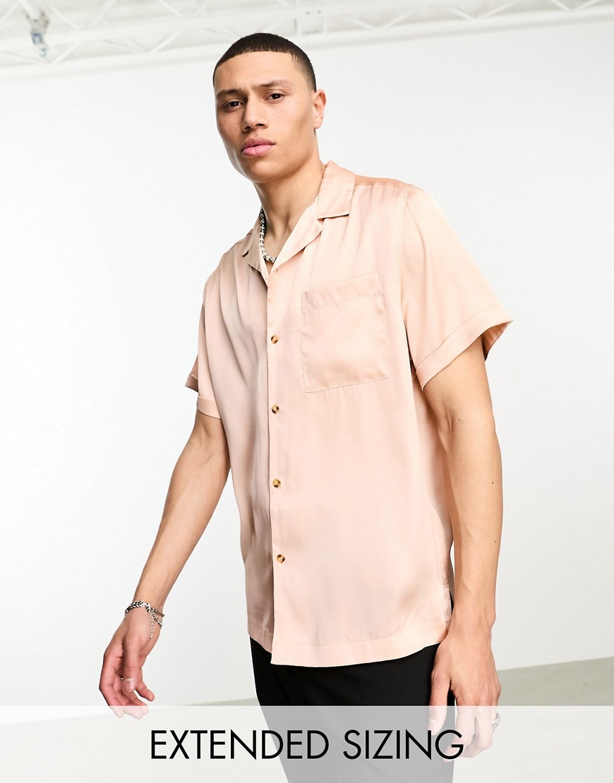 ASOS DESIGN satin shirt with revere collar in peach-Pink