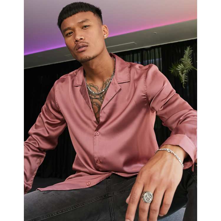 ASOS DESIGN satin shirt with revere collar in rose