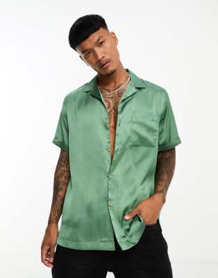 Asos Design Satin Shirt With Revere Collar In Sage Green