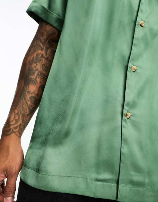 ASOS DESIGN satin shirt with revere collar in sage green | ASOS