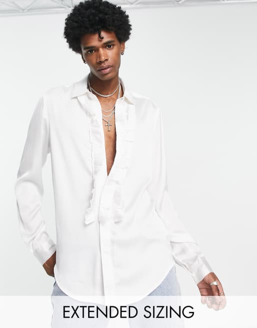 ASOS DESIGN satin shirt with ruffle front in white 