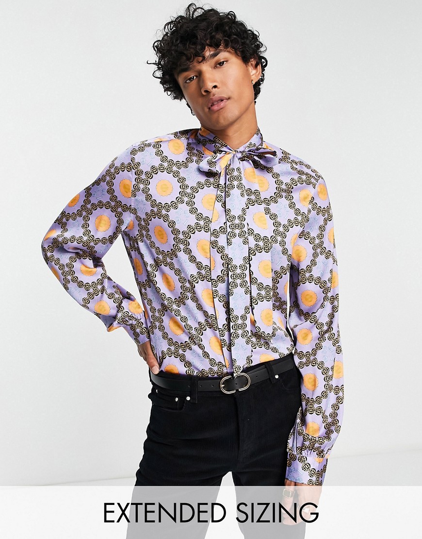 Asos Design Satin Shirt With Tie Neck And Blouson Sleeve In Lilac Tile Print-purple