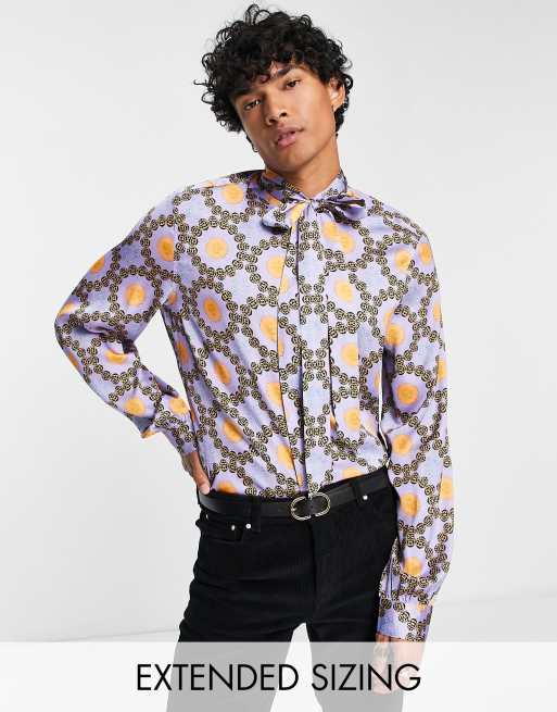 ASOS DESIGN satin shirt with tie neck and blouson sleeve in lilac tile  print | ASOS