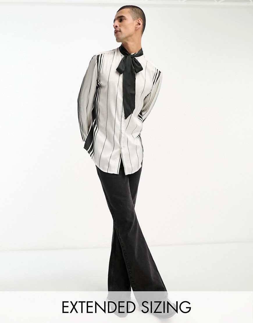 ASOS DESIGN satin shirt with tie neck and blouson sleeve in varied stripe-Black