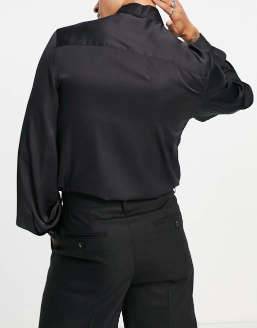 ASOS DESIGN satin shirt with tie neck and blouson volume sleeve in black