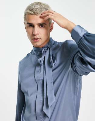 Asos Design Satin Shirt With Tie Neck And Blouson Volume Sleeve In