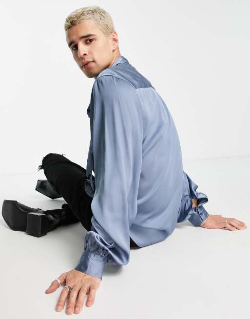 ASOS DESIGN satin shirt with tie neck and blouson volume sleeve in blue, 3 of 4